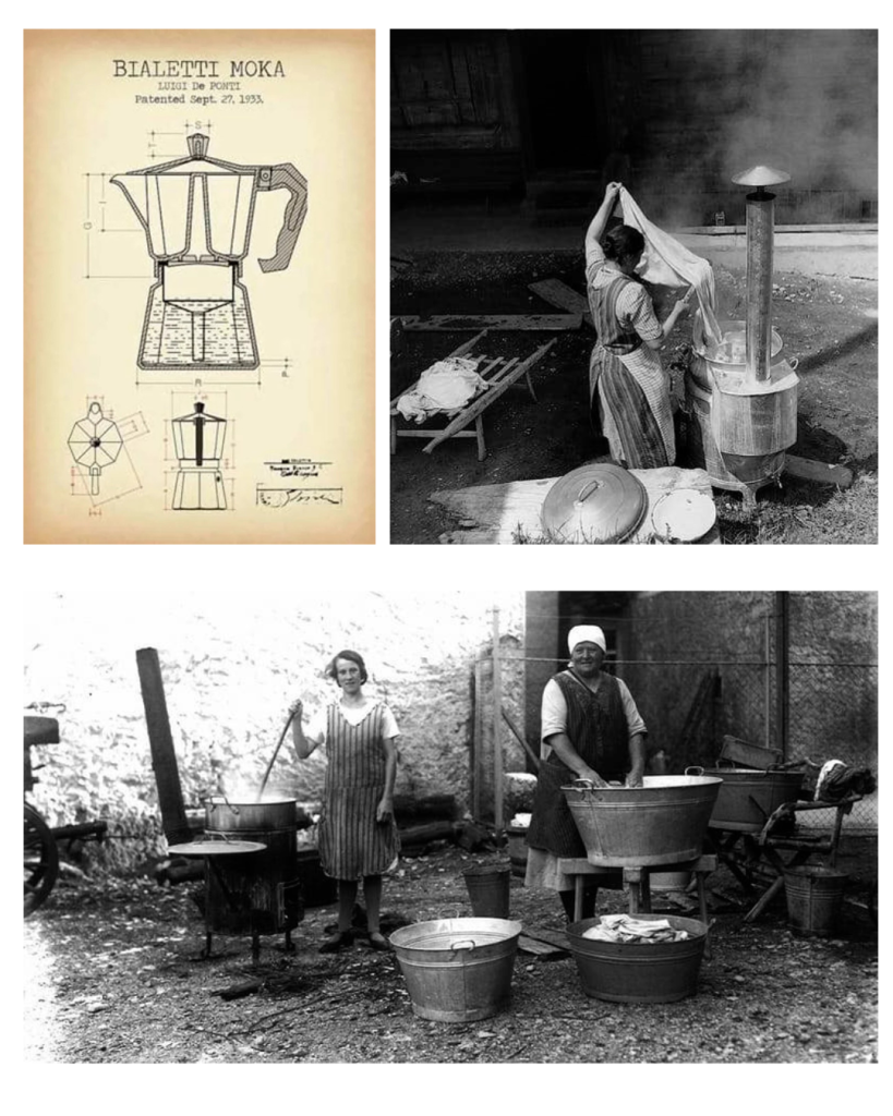 Colagem histórica mostrando o diagrama da patente da Bialetti Moka de 1933 junto com fotos antigas em preto e branco de mulheres usando máquinas de lavar baseadas em pressão, a inspiração de design industrial para a icônica cafeteira.