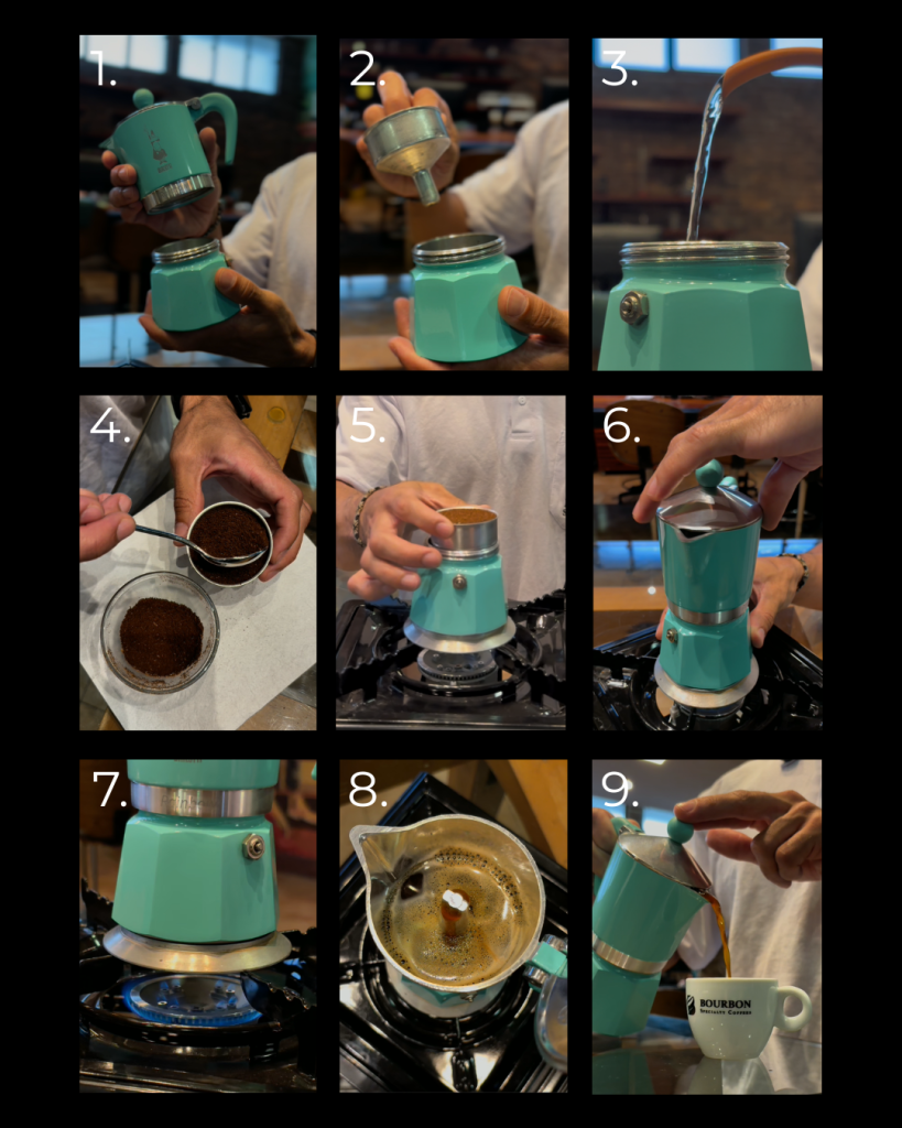Um guia visual de 9 etapas sobre como usar uma Moka Pot: desmontar, adicionar água, inserir o filtro, nivelar o pó médio-fino sem compactar, prender a cafeteira, extração em fogo baixo no fogão, observar o borbulho e servir em uma xícara Bourbon Speciality Coffee para resultados profissionais